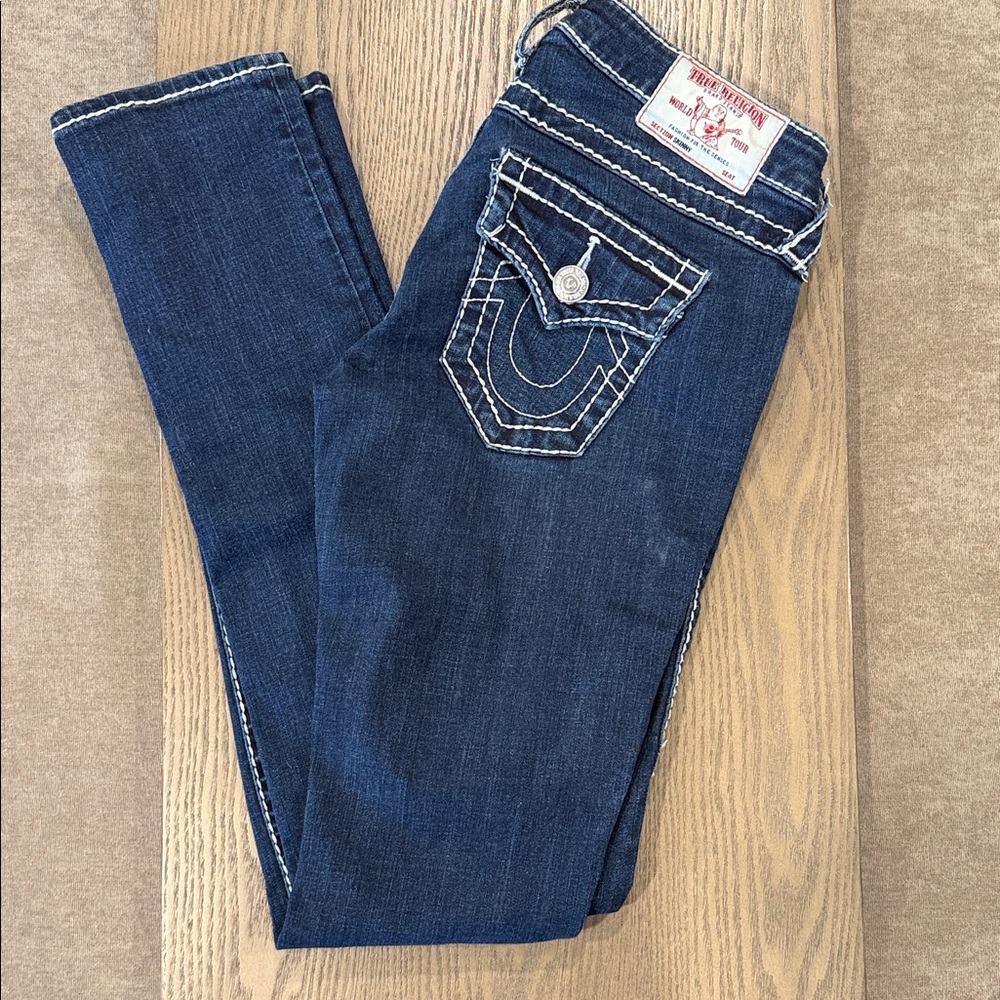 True Religion Women’s Indigo Skinny Jeans with White Contrast Stitching size 26